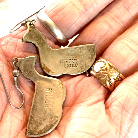 Alpaca Mexico Abalone Duck Earrings Green Enamel Inlay Artisan Pierced Dangles - Picture 3 of 6